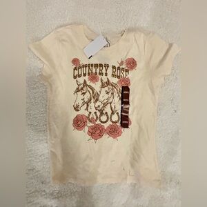 Cute w Bling Country Rose Graphic Kids Tee - Cream with Pink Roses L 10/12